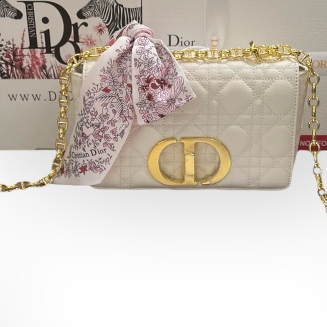 Christian DIOR Caro White/Gold Cannage Beaute Bag & Original Box: • Christian Dior • White • Cannage Pattern • Caro • Gold Tone Hardware • Signature Front Logo • Shoulder Carry • Interior Zip Pocket • Chain Strap • I