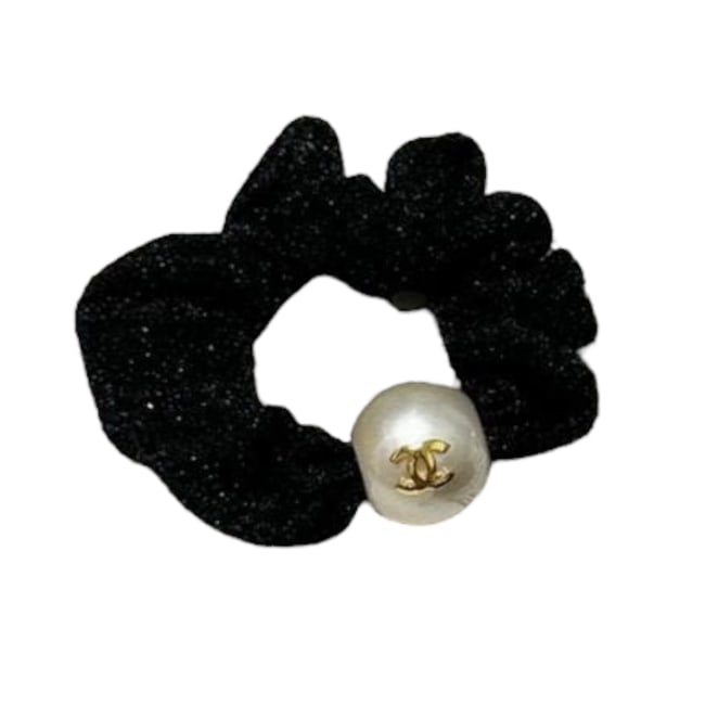 CHANEL Black Shimmer/Pearl Logo Beaute Hair Scrunchy: • CHANEL • Hair Scrunchy/Tie • Black Shimmer • Pearl Accent • Gold CC Logo • Makeup/Diffusion Line: Please note that gwp/beaute items are not sold in boutique stores & so