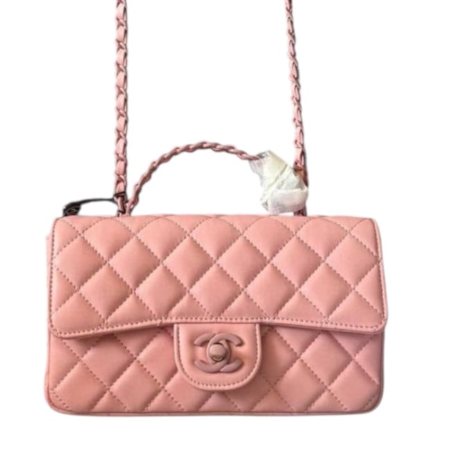 CHANEL Coral Pink/Gold ILS Top Handle CF Beaute Bag & Original Box: • CHANEL • Coral Pink • Gold Tone Hardware • Classic Flap • Intertwined Leather Chain Strap Decorated Top Handle • Intertwined Leather Chain Strap • Top Handle For O