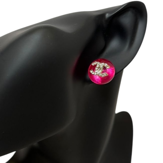 CHANEL Earrings Gabrielle L.A Collection Hot Pink/White Rhinestone CC Beaute Earrings: • CHANEL • Gabrielle • L.A. Collection • Earrings • Hot Pink • Gold Tone Hardware • White Rhinestone CC Logo • Original CHANEL Gift Bag Included • Makeup/D