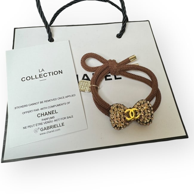 CHANEL Rhinestone Gold CC Hair Bow Shaped Hair Tie (1 of 2)