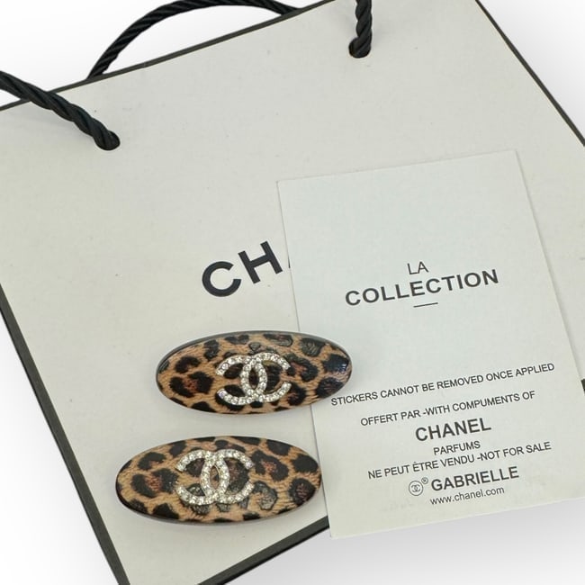 CHANEL 2Pc Leopard Print/Rhinestone CC Oval Hair Clips & Gift Bag (1 of 3)