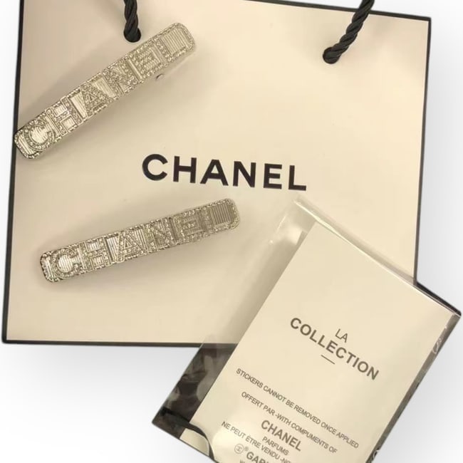 CHANEL 2Pc Set Silver/Rhinestone Logo Long Rectangle Hair Clips (1 of 3)