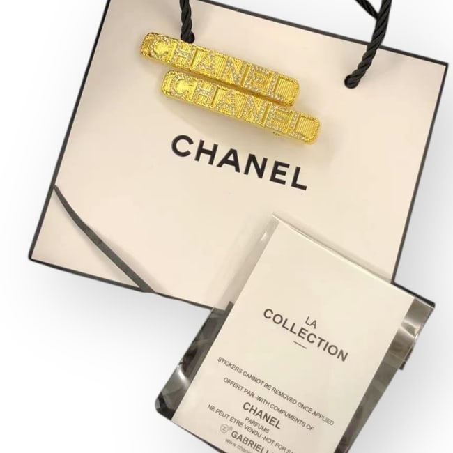 CHANEL 2Pc Gold/Rhinestone Logo Long Rectangle Hair Clips (1 of 3)