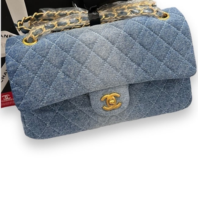 CHANEL Denim/Gold Quilted Double Flap Beaute Bag & Original Box (1 of 9)