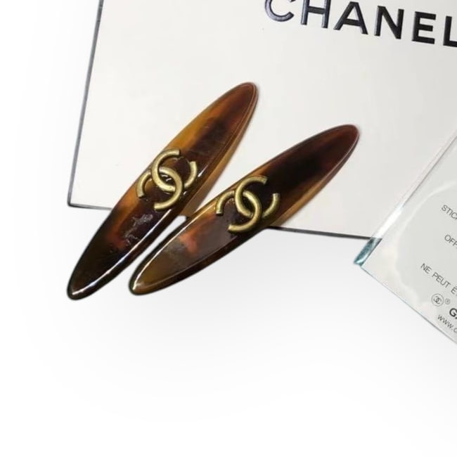 CHANEL2Pc Set Transparent Brown/Gold CC Long Oval Hair Clips (1 of 4)