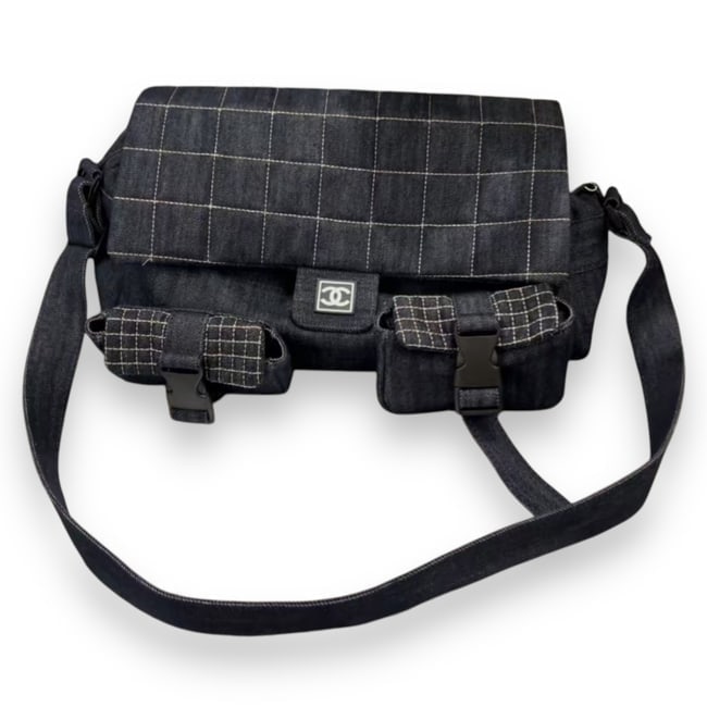CHANEL LG Quilted Black Denim Double Pocket Messenger Beaute Bag (1 of 8)