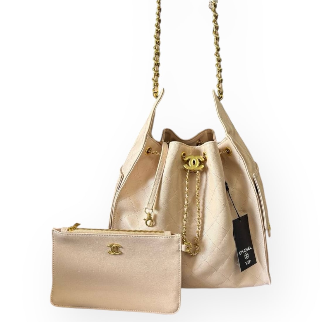 CHANEL Tan Quilted Tall Hobo Bucket Beaute Bag & Gift Bag (1 of 9)