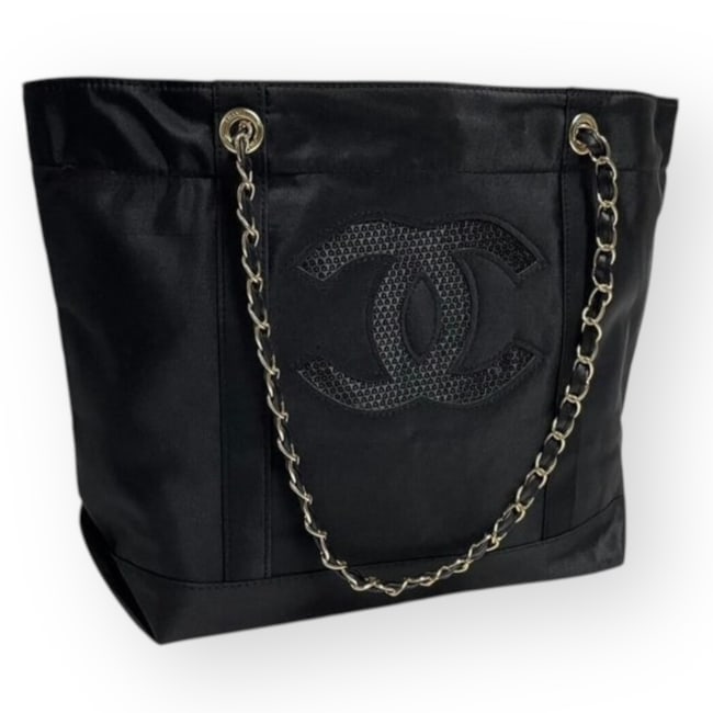CHANEL Black On Black/Silver Sequin Logo Beaute Tote (1 of 7)