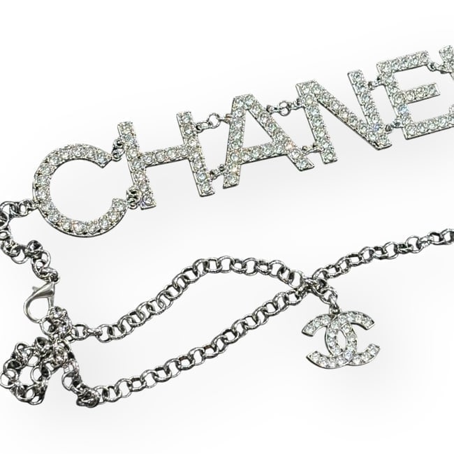 CHANEL Belt Silver/White Rhinestone LG Front Logo & CC Charm Beaute Belt & Original Gift (1 of 5)