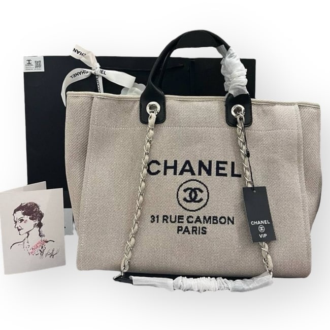 CHANEL LG Tan/Black Deauville Tote Beaute Bag & Original CHANEL Gift Bag (1 of 9)