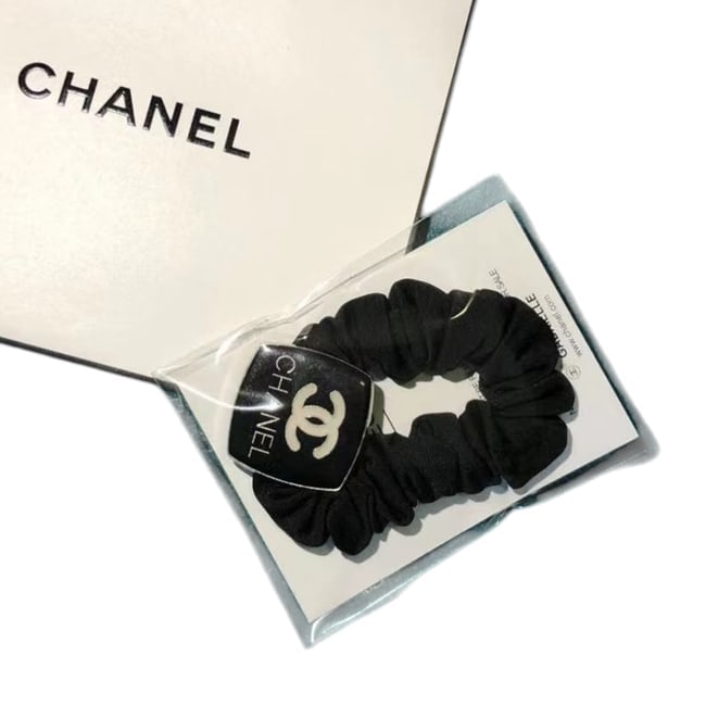 CHANEL Black & White CC Square Hair Scrunchy & Original Gift Bag: • CHANEL • Gabrielle • L.A Collection • Hair Scrunchy • Black • Shape: Square • White CC Logo • Silver CHANEL Logo • Black Scrunchy • Unopened/In Orig