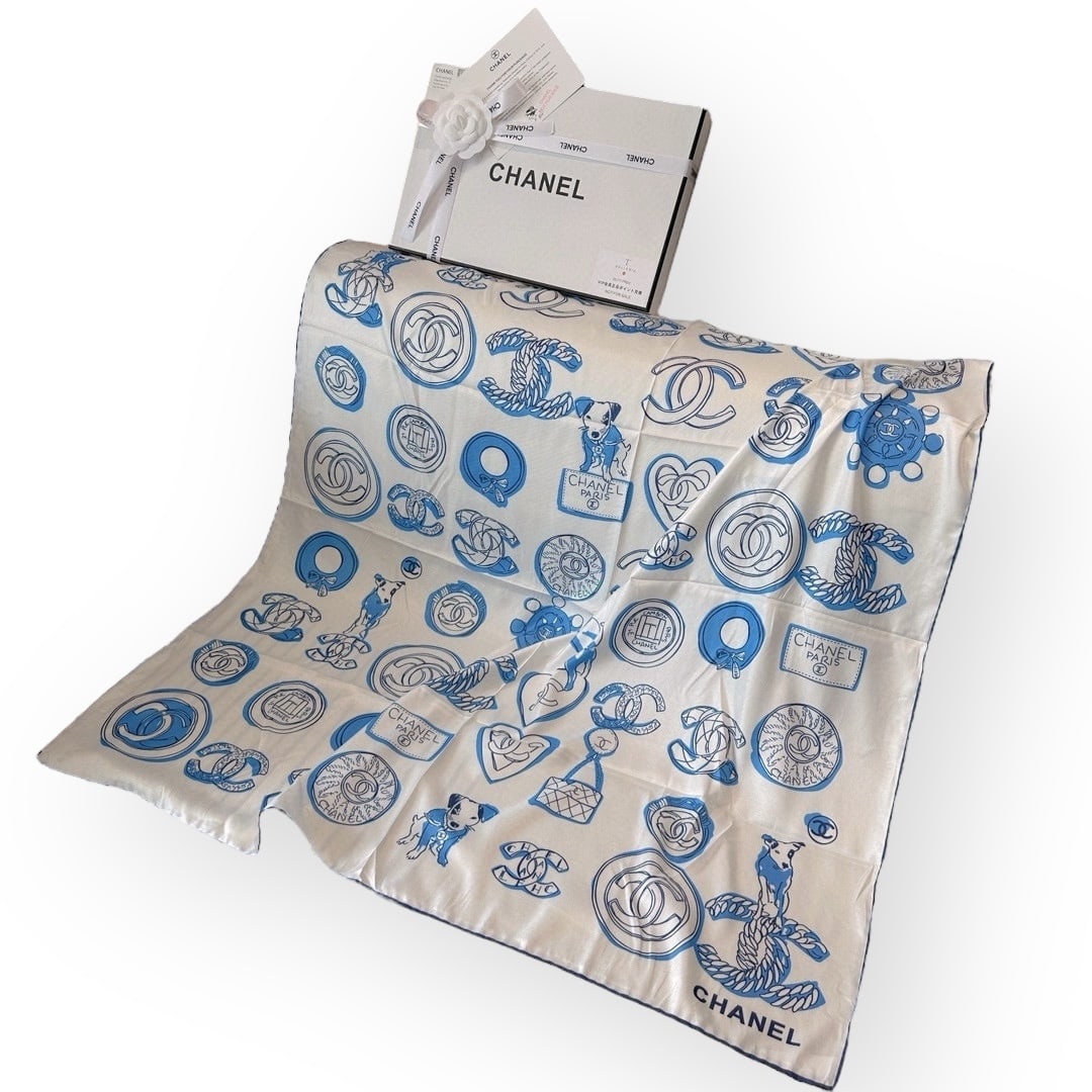 CHANEL White/Blue CC Decorated Beaute Scarf & Box (1 of 7)