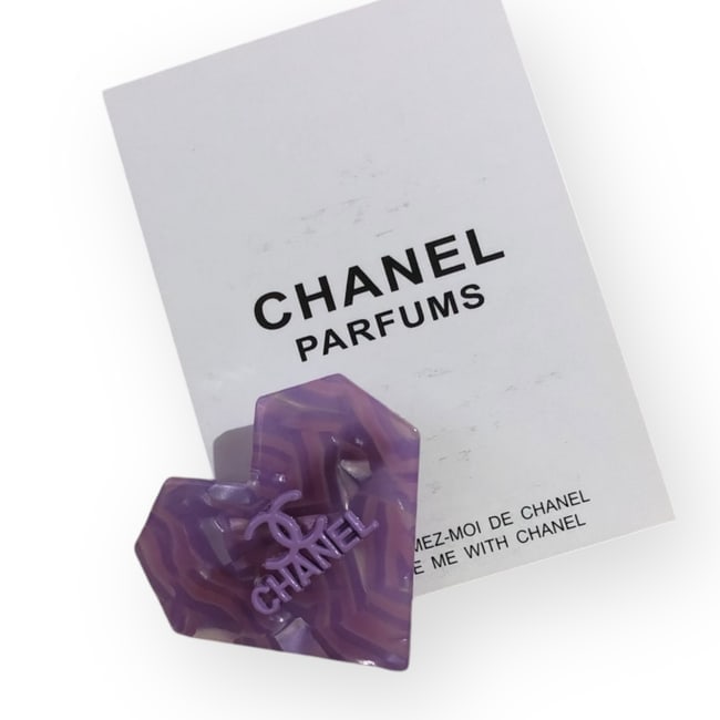 CHANEL Purple Front CC Heart Hair Clip & Original Gift Bag: • CHANEL • Gabrielle • Hair Clip • Purple • Shape: Heart • Front CC Logo • Gold Tone Hardware • L.A Collection • Original CHANEL Gift Bag Included
