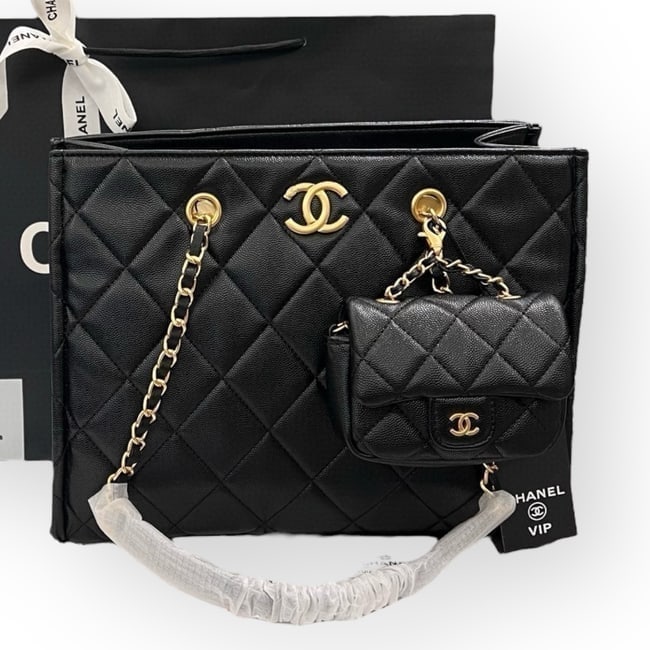 CHANEL Black/Gold Quilted Beaute Tote, Change Purse, & Original Gift Bag (1 of 6)