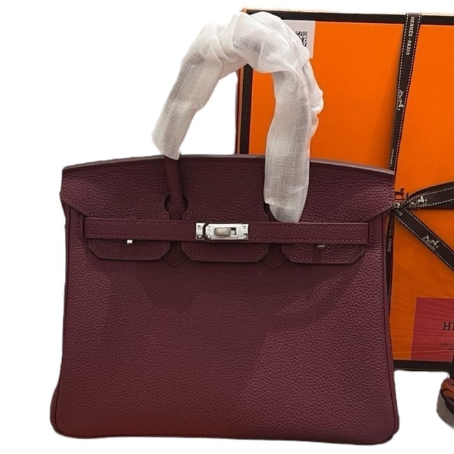 Hermes Berry/Silver Birkin Beaute Bag, Keys, & Original Box: • Hermes • Berry • Top Handle Or Shoulder Carry • Birkin Bag • Signature Front Twist Closure • Silver Tone Hardware • Zip Closure On Sides • Interior Slip Pocke