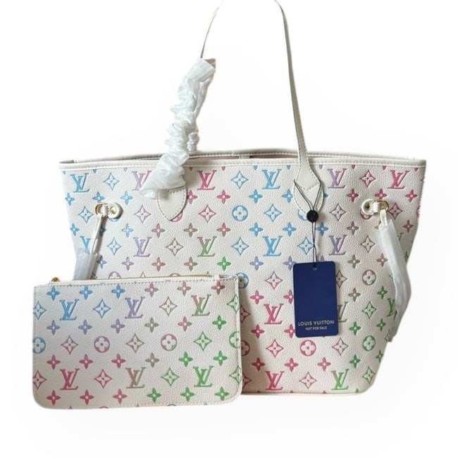 Louis Vuitton White Gradient Neverfull MM Beaute Tote & Removable Pouch: • Louis Vuitton • Neverfull MM • White • Gold Tone Hardware • Gradient Monogram Pattern • Multicolor Accents • Interior: Tan • Double Handles • Inter