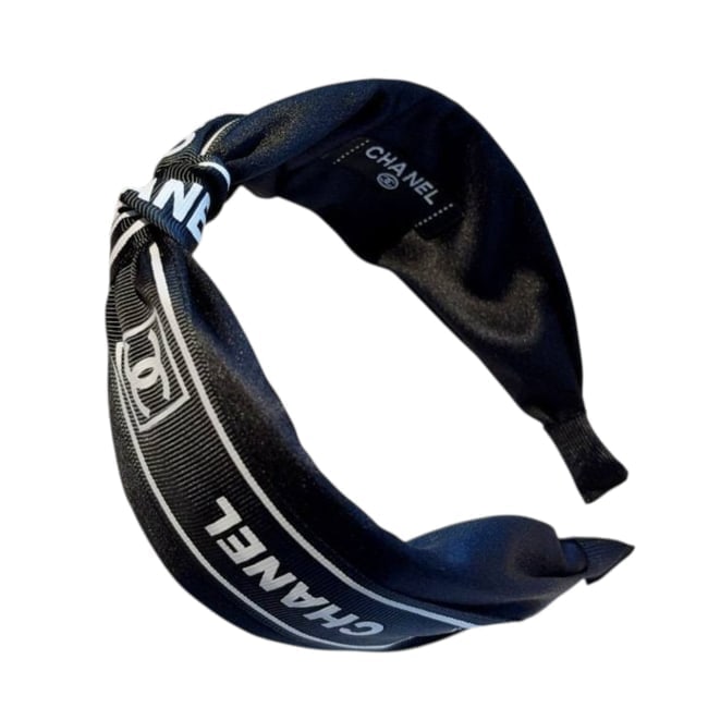 CHANEL Black/White Logo Decorated Ribbon Wrapped Beaute Handband: • CHANEL • Headband • Black • White Accents • Logo Decorated • Ribbon Wrapped • Style: Wide • One Size • Makeup/Diffusion Line: Please note that gwp/
