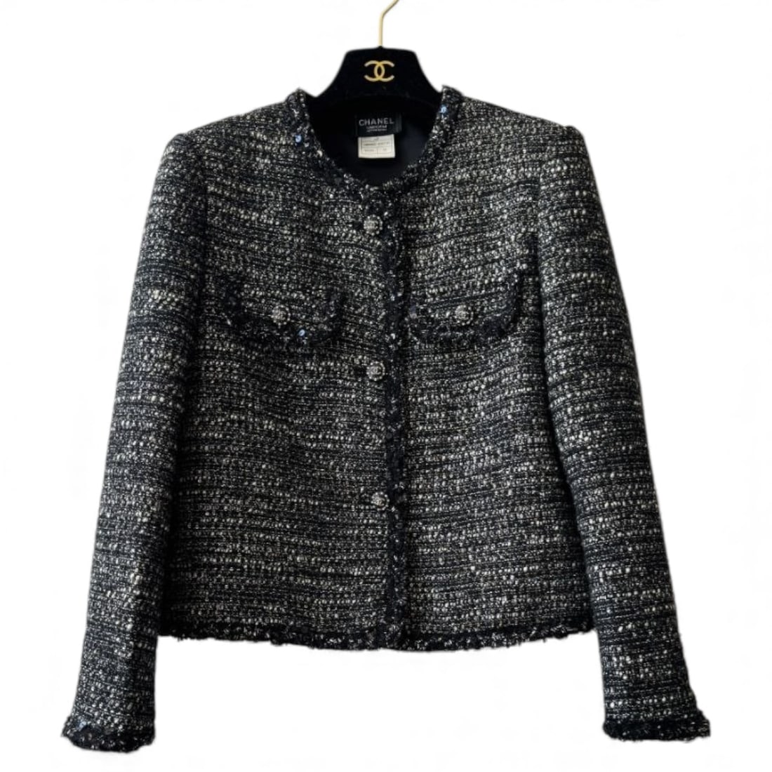 CHANEL Dark Grey & Black/Rhinestone Detailed Button Up U.L Jacket: • CHANEL • Women’s • Uniform Line • Dark Grey • Black Accents • Blazer/Jacket • Pearl Detail • Button Up • Front Pockets • Long Sleeve • Avai
