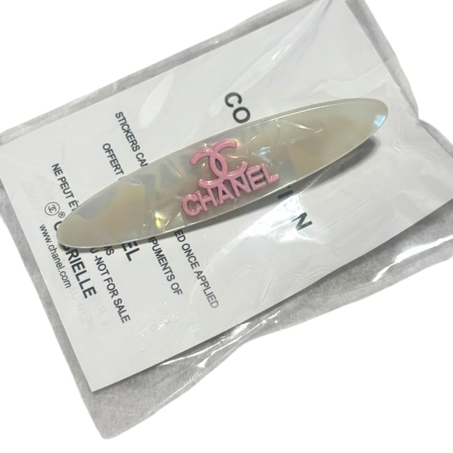 CHANEL Opal/Pink Logo Long Oval Hair Clip & Original Gift Bag: • CHANEL • Hair Clip • Gabrielle • L.A Collection • Opal • Pink Logo • Gold Tone Hardware • Shape: Long Oval • Original Gift Bag Included • Please