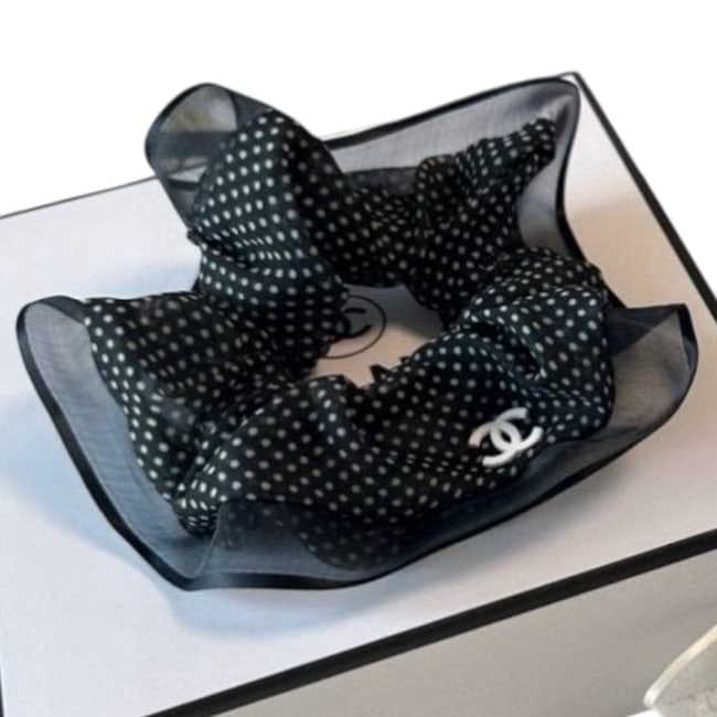 CHANEL Black/White Mesh Detail Hair Scrunchy & Gift Bag: • CHANEL • Hair Scrunchy • Black • White Accents • Mesh Detail • CC Logo • Original Gift Bag Included