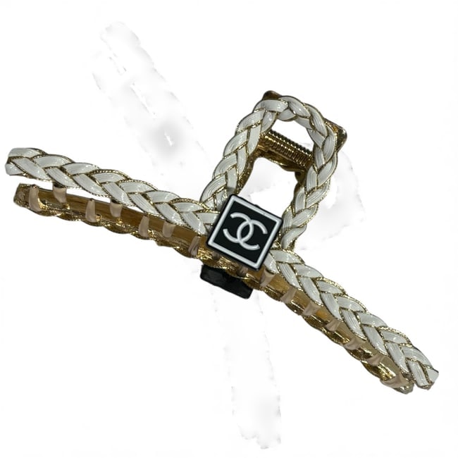 CHANEL Lg White/Gold Rope Detailed Hair Clip & Gift Bag: • CHANEL • Lg Hair Clip • White • Gold Tone Hardware • Rope Detailed • Front Logo • Original Gift Bag Included