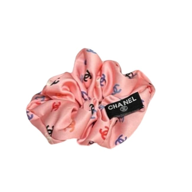 CHANEL Pink/Multicolor Logo Hair Scrunchy & Gift Bag: • CHANEL • Hair Scrunchy/Tie • Pink • Silk • Multicolor CC Logo • Original Gift Bag Included