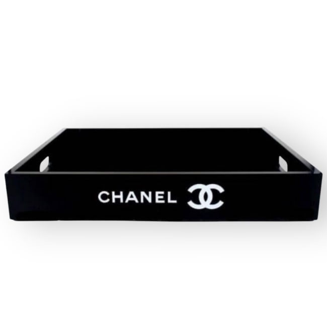 CHANEL Black/White Acrylic & Deep Tray & Original Box: • CHANEL • Black • Acrylic • Deep Tray • Interior CC Logo • 15" X 11" (In) • White Front CHANEL & CC • Box Included