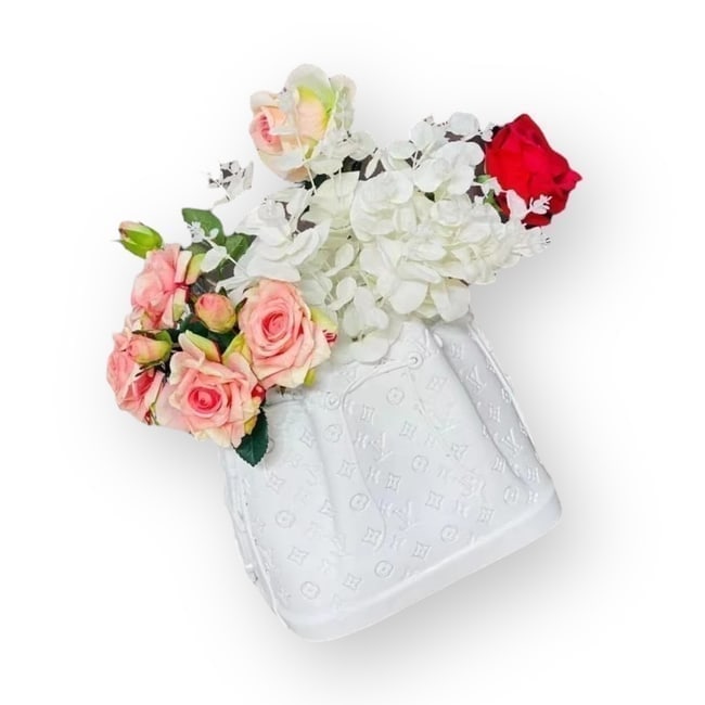 Lg Louis Vuitton Custom Monogram Noe Flower Vase: • Custom Louis Vuitton • Shape: Noe Bucket Bag • Vase • White • Monogram Pattern • Large • Original Box Included • OBS: 14" X 12" X 9.5" (In)