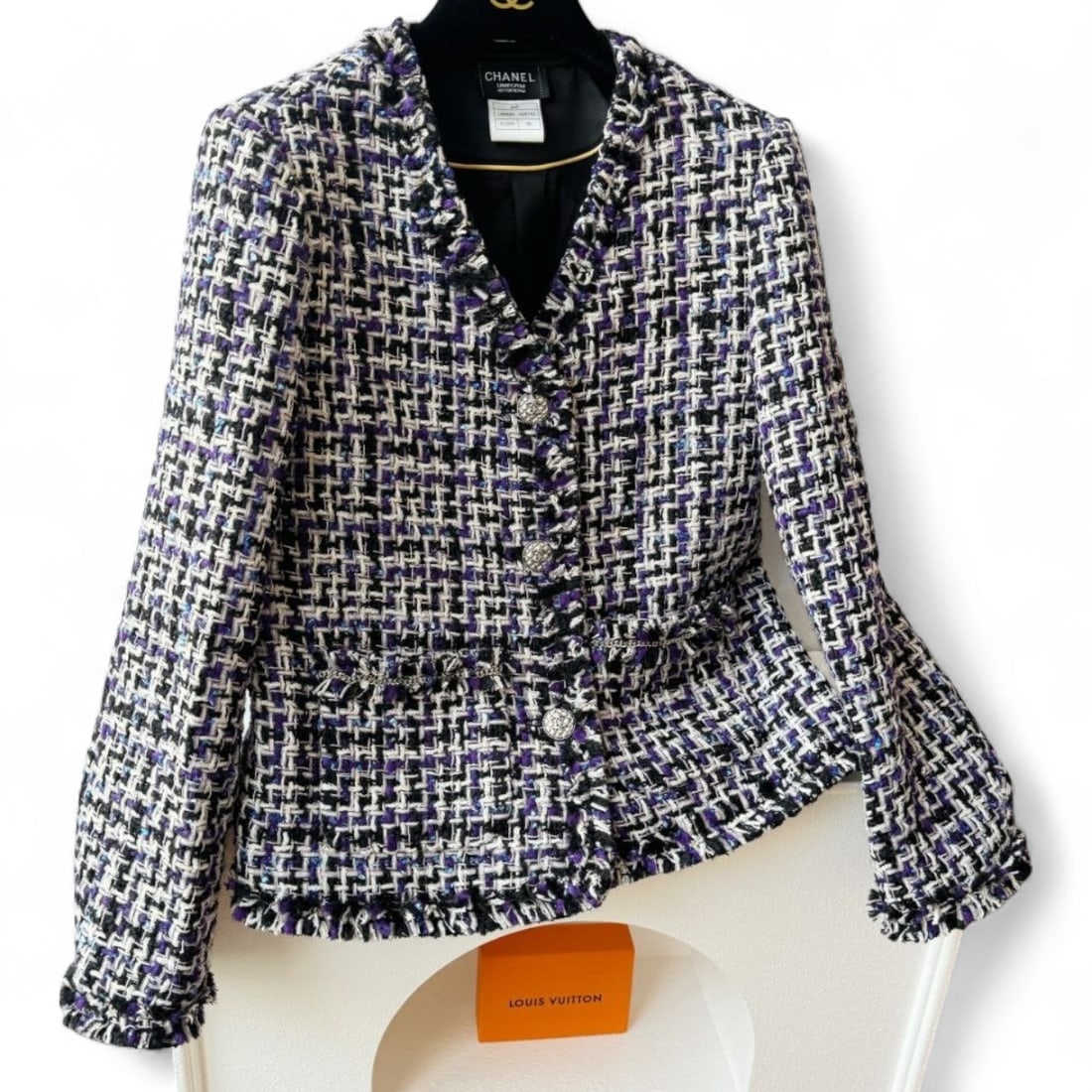 CHANEL Bright Violet & Blue/Tweed Button Up U.L Long Sleeve Jacket: • CHANEL • Women’s • Uniform Line • White • Bright Violent Accents • Blue Accents • Black Accents • Tweed Detailed Jacket • Long Sleeve • Button U