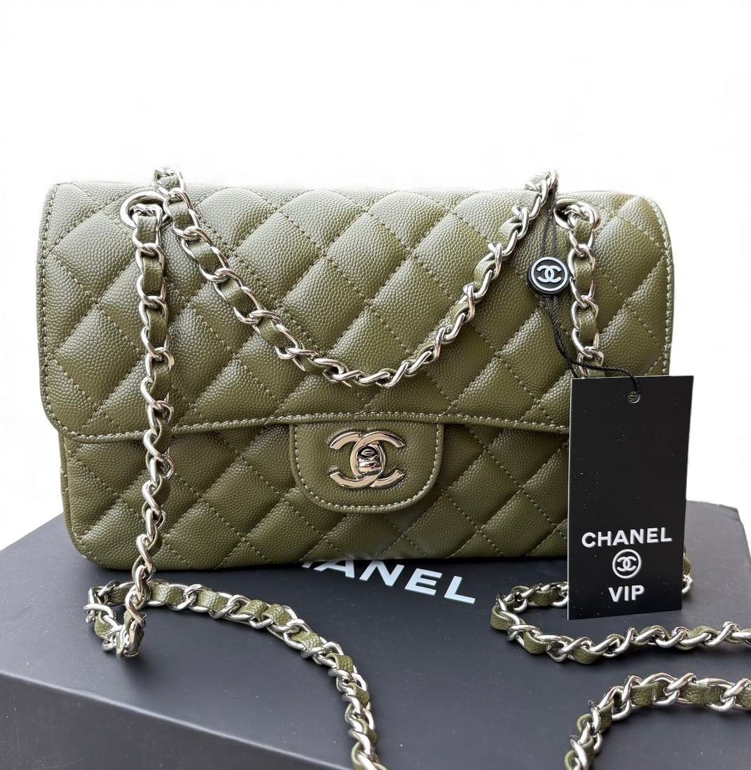 CHANEL Quilted Olive Green/Silver Double Flap Beaute Bag & Original Box (1 of 13)