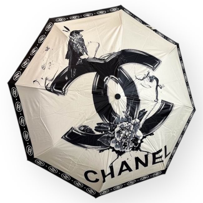 CHANEL Black/White CC Logo Floral Print Beaute Umbrella & Original Storage Sleeve (1 of 3)