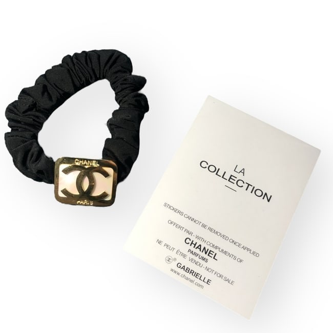 CHANEL White/Gold CC Logo Square Gabrielle Hair Scrunchy & Gift Bag: • CHANEL • Gabrielle • L.A Collection • Hair Scrunchy • White • Shape: Square • Gold Trim • Gold CC Logo • Black Scrunchy • Unopened/In O