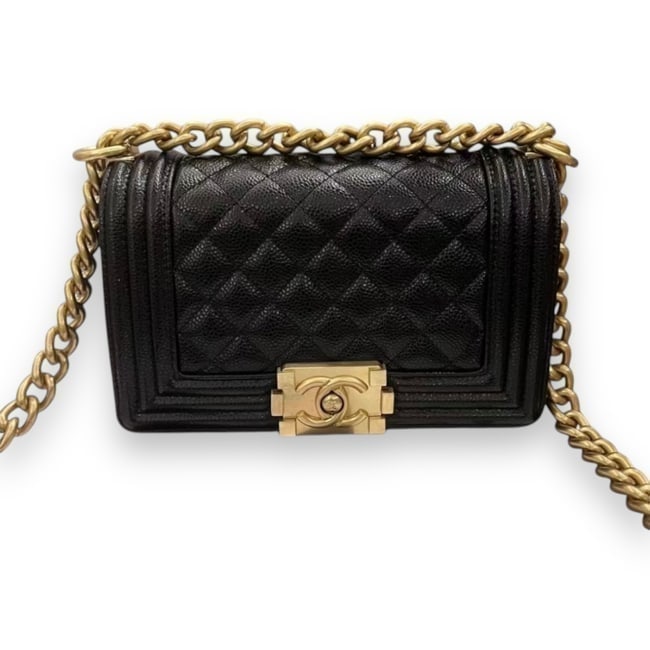CHANEL Quilted Black/Gold Le Boy Beaute Bag & Original Box: • CHANEL • Black • Quilted Pattern • Le Boy Bag • Gold Tone Hardware • Signature Push Lock • Shoulder Carry • Chain Link Strap • Interior Slip Pocket