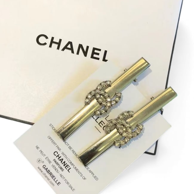 CHANEL 2Pc Lg Gold/Rhinestone CC Beaute Hair Clips & Gift Bag (1 of 3)