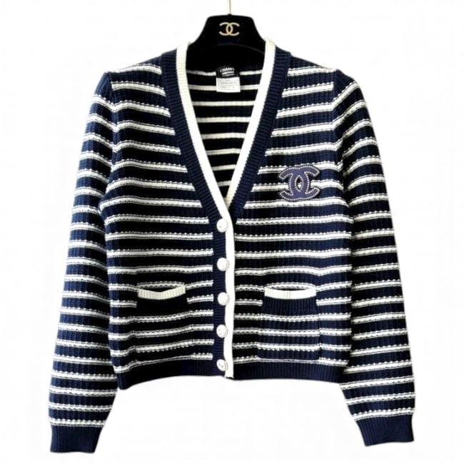 CHANEL White/Blue Striped V-Neck Button Up U.L Cardigan Sweater (1 of 4)