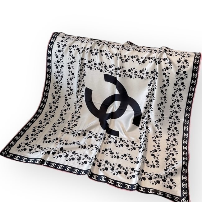 CHANEL White/Black/Pink Silk Beaute Scarf (1 of 6)