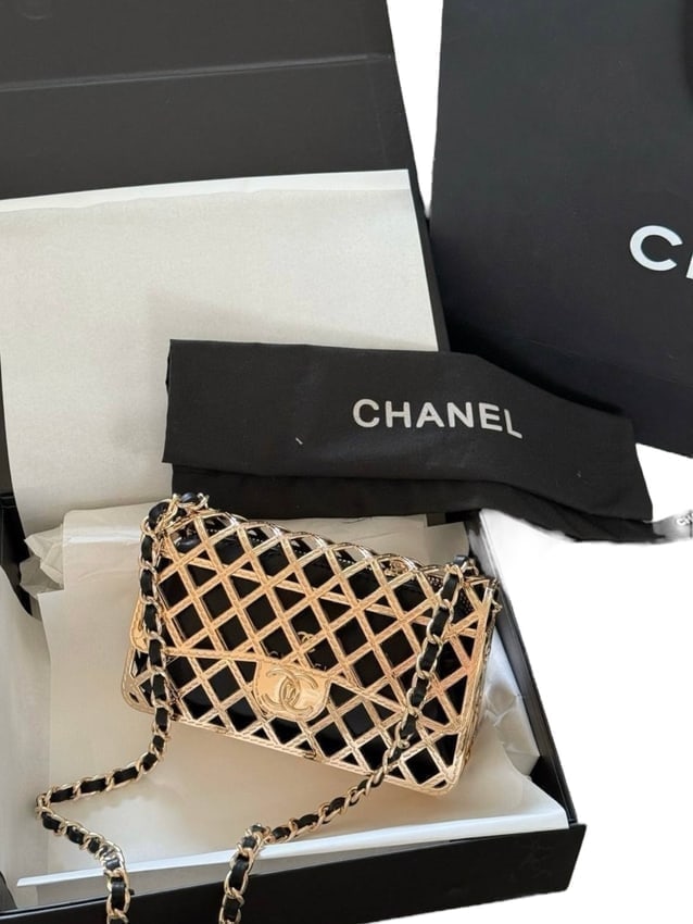 CHANEL Gold/Black Metal Pouch Clutch Beaute Bag & Original Box (1 of 10)