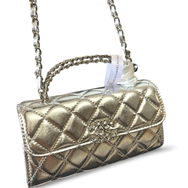 CHANEL Metallic Silver Quilted Mini Top Handle Flap Beaute Bag & Original Box (1 of 9)