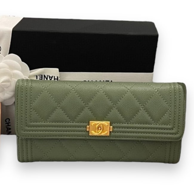 CHANEL Olive/Gold Quilted Le Boy Beaute Wallet & Original Box (1 of 9)