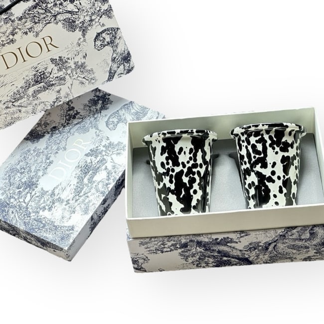 Christian Dior 2Pc Set White/Black Ceramic Ink-Splash Mugs & Original Box (1 of 6)