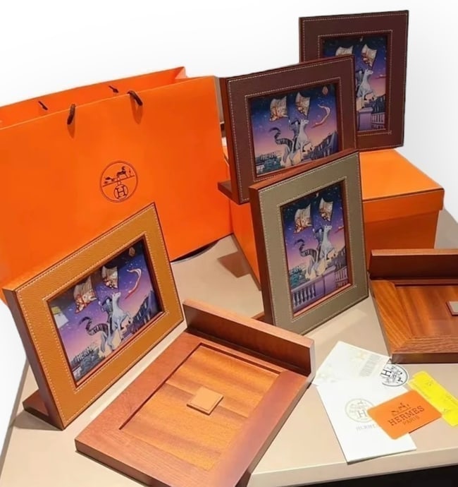 Hermes 2Pc Set Grey, Brown, Or Orange Leather/Wood Picture Frame Set: • Hermes • 2 Piece Set • Picture Frames • 3 Colors Available • Available In Grey, Orange, Or Brown • We Will Contact The Winning Bidder After The Auction Ends To Get Thei