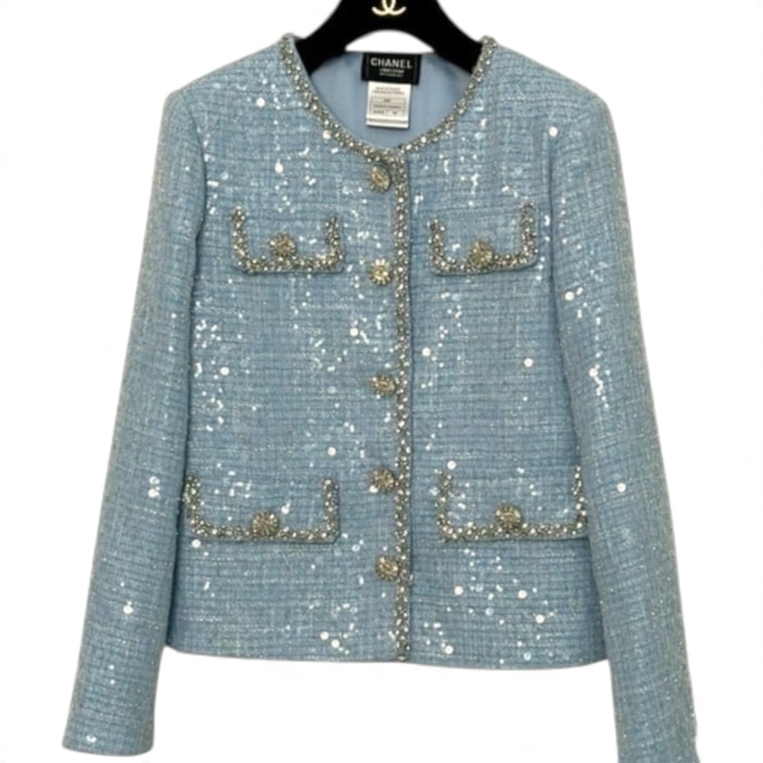 CHANEL Baby Blue/Sequin & White Rhinestone UL Button Up/Long Sleeve Jacket (1 of 10)