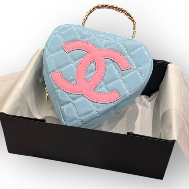 CHANEL Baby Blue/Pink CC Heart Top Handle Beaute Bag & Original Box (1 of 8)