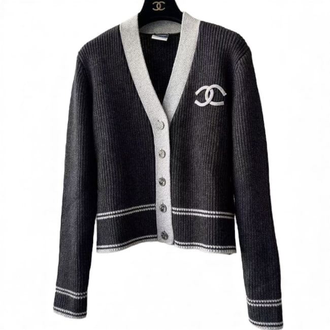CHANEL 2Toned Grey Button Up U.L V-Neck Cardigan Sweater (1 of 7)