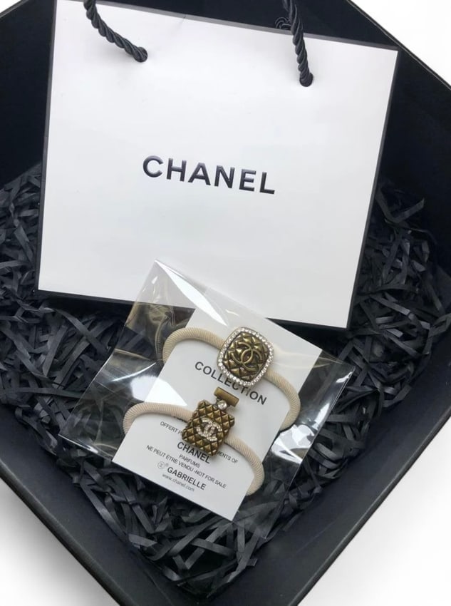 CHANEL 2Pc Gold Quilted/Rhinestone Accented Hair Ties & Original Gift Bag (1 of 3)