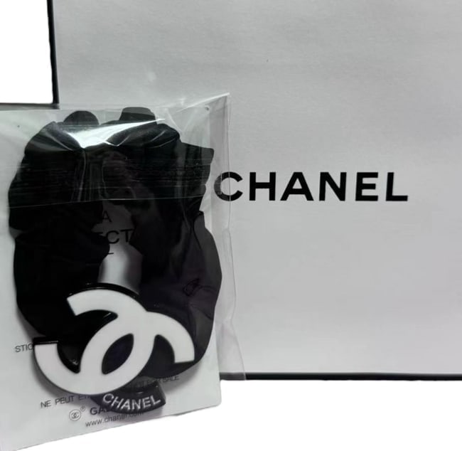 CHANEL Black/White CC Hair Scrunchy & Original Gift Bag (1 of 1)