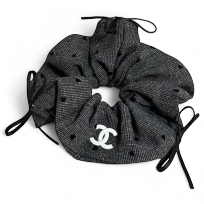 CHANEL Lg Grey/Black Polka Hearts Beaute Hair Scrunchy W/ Bow Detail & Gift Bag (1 of 4)