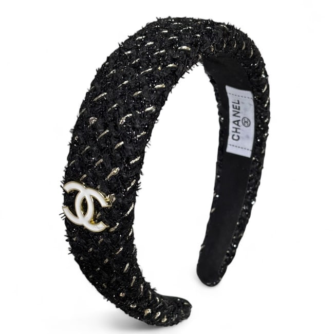 CHANEL Tweed Black/Gold & White Logo Headband & Original Box (1 of 5)
