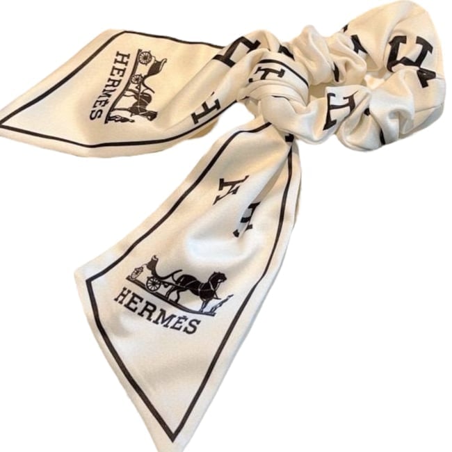 Hermes Lg White/Black Logo Decorated Hair Scrunchy W/ Ribbon & Original Gift Bag (1 of 1)